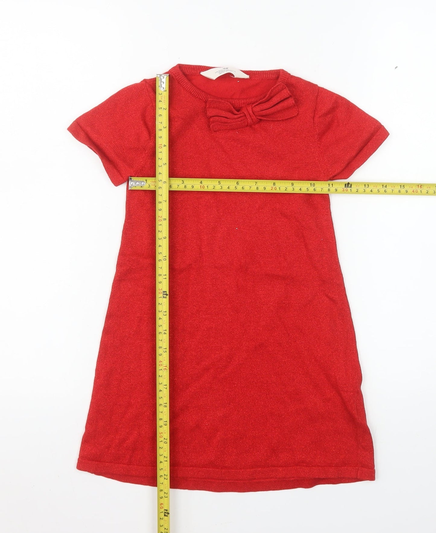 H&M Girls Red Bow Knit Shift Dress 5-6 Years Short Sleeve Cotton Blend