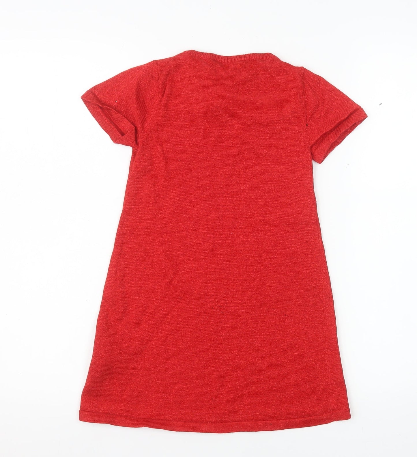 H&M Girls Red Bow Knit Shift Dress 5-6 Years Short Sleeve Cotton Blend