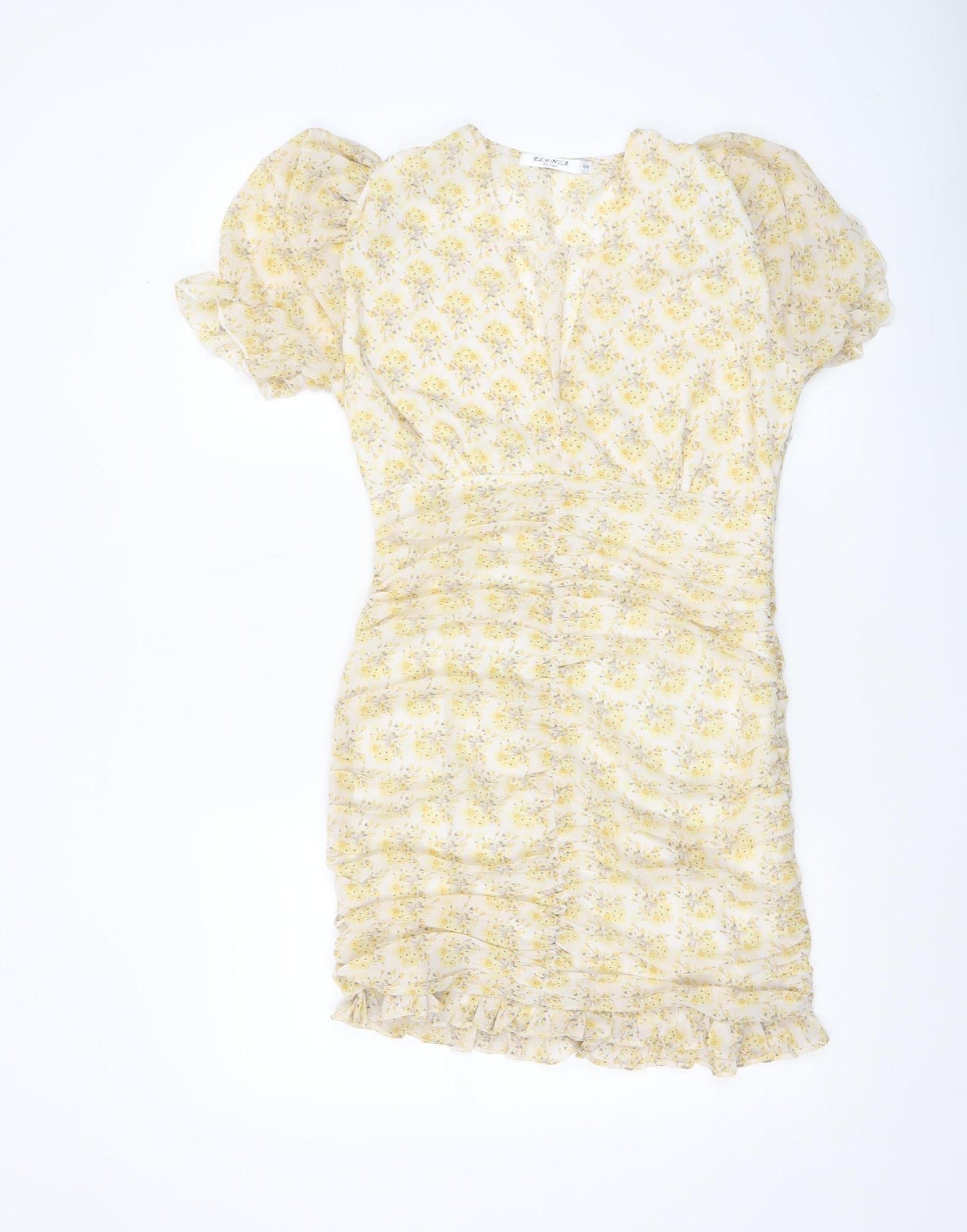 ELENZA Women’s Yellow Floral Short Puff Sleeve Bodycon Dress Size 10