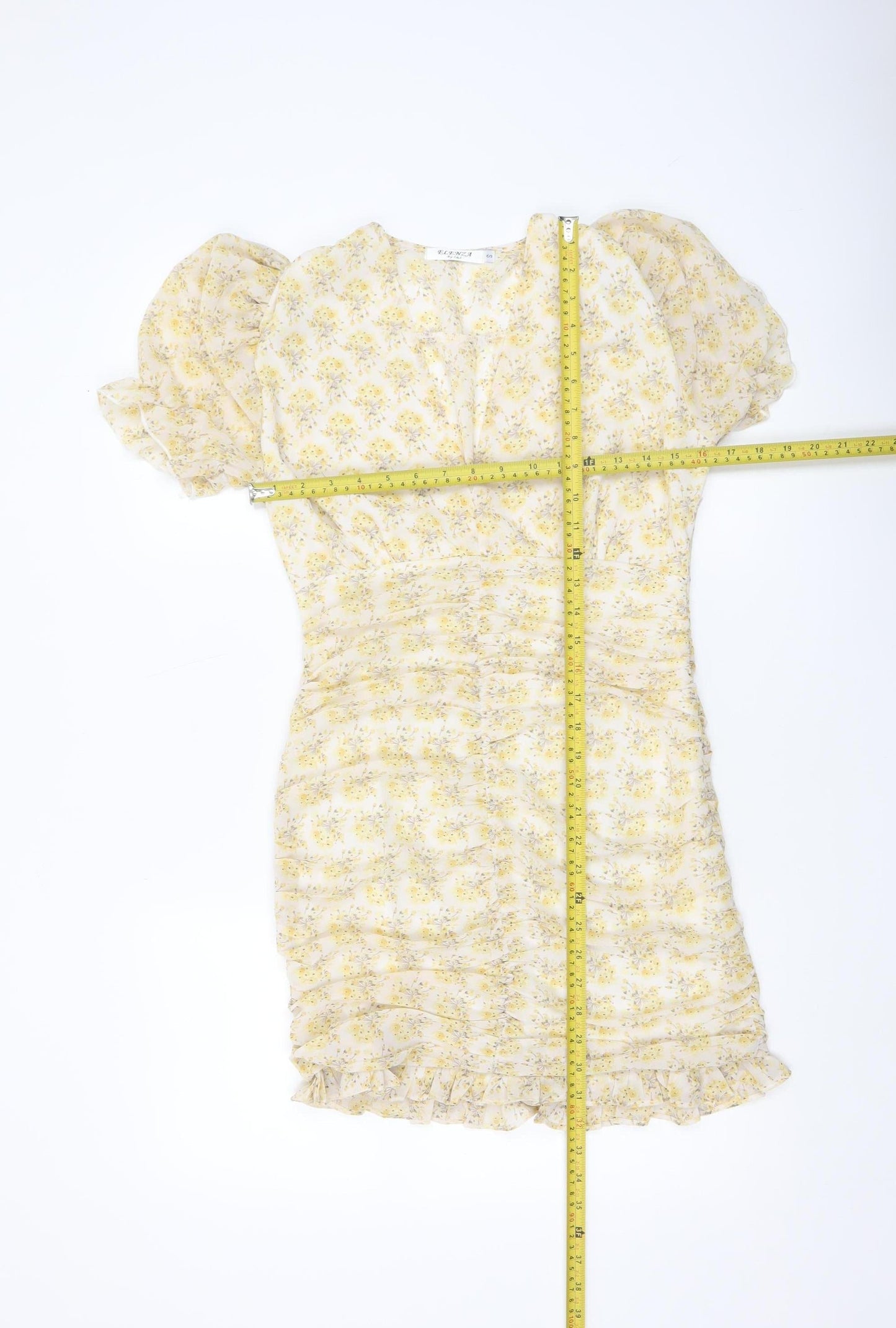 ELENZA Women’s Yellow Floral Short Puff Sleeve Bodycon Dress Size 10