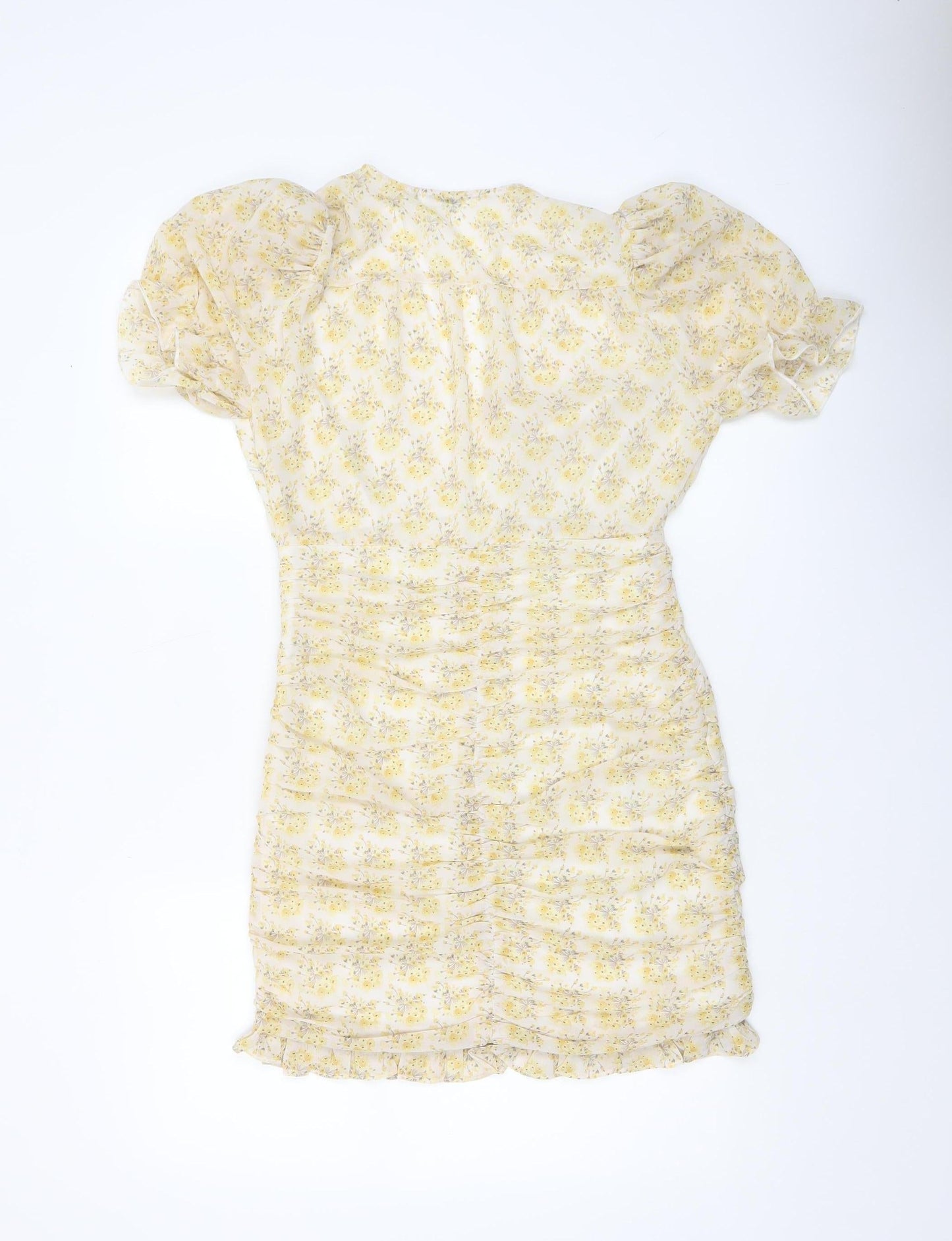 ELENZA Women’s Yellow Floral Short Puff Sleeve Bodycon Dress Size 10