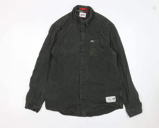 Tommy Jeans Men's Green Cotton Button-Up Long Sleeve Shirt M