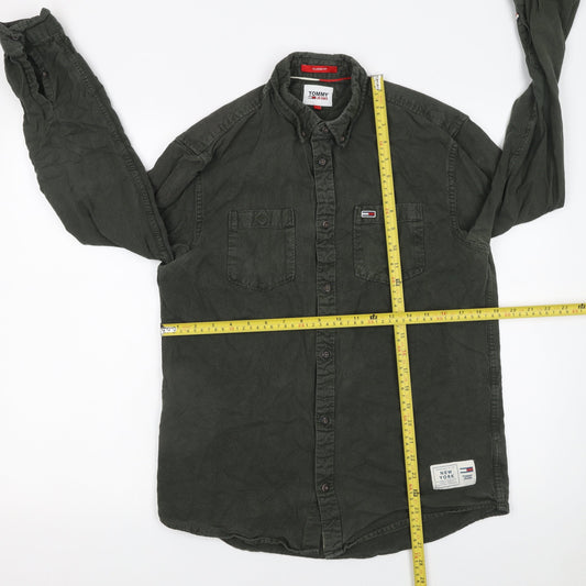 Tommy Jeans Men's Green Cotton Button-Up Long Sleeve Shirt M