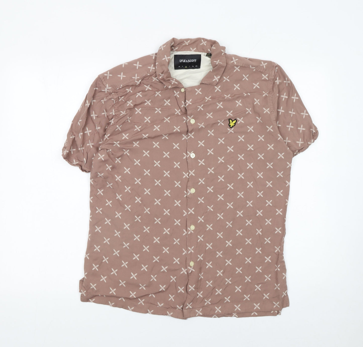 Lyle & Scott Men's Brown Geometric Short Sleeve Button-Up Shirt Size M