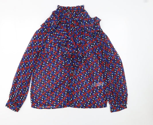 Savida Women Blue Red Geometric Long Sleeve Ruffle Blouse Size 10