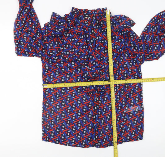Savida Women Blue Red Geometric Long Sleeve Ruffle Blouse Size 10