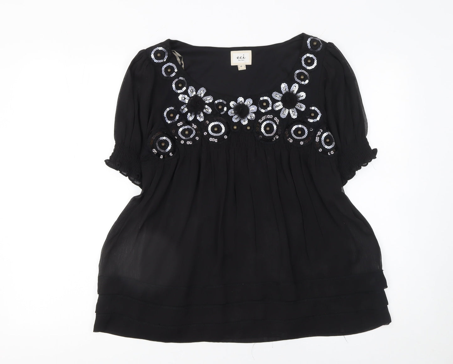 ECI New York Black Sequin Embroidered Short Sleeve Tunic Top Size 10