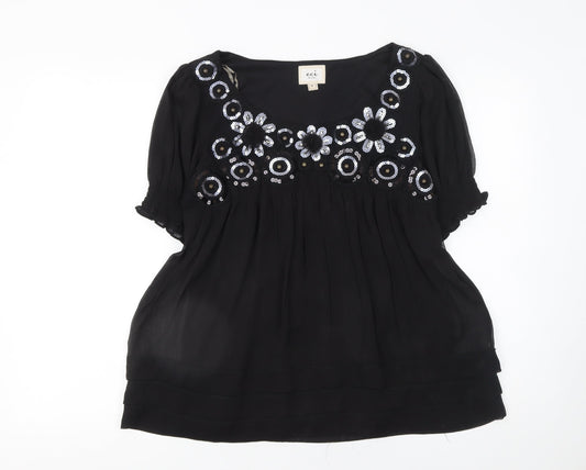 ECI New York Black Sequin Embroidered Short Sleeve Tunic Top Size 10