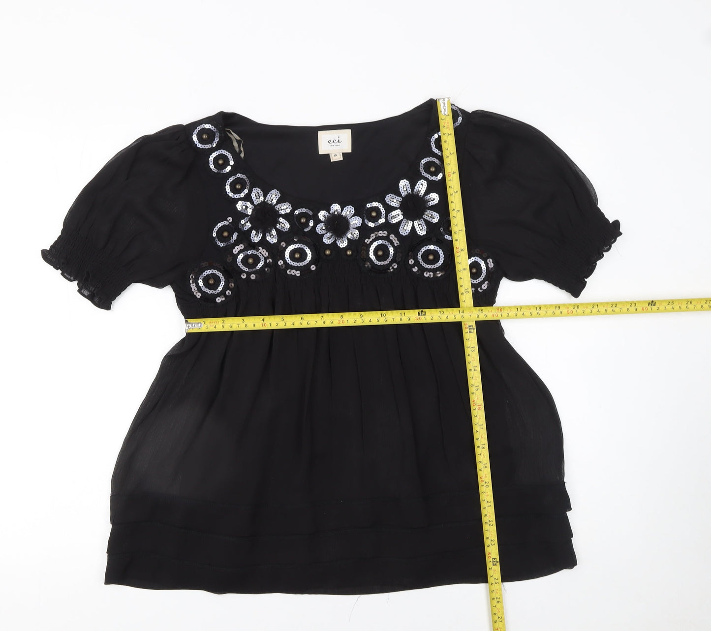 ECI New York Black Sequin Embroidered Short Sleeve Tunic Top Size 10