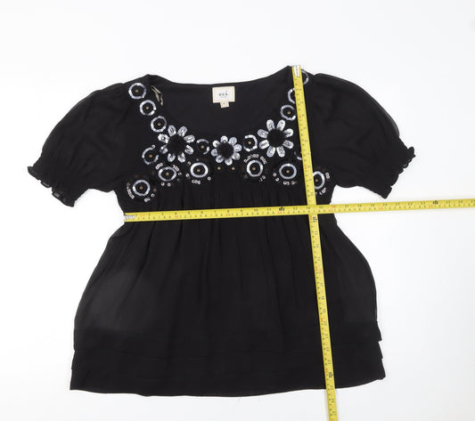 ECI New York Black Sequin Embroidered Short Sleeve Tunic Top Size 10