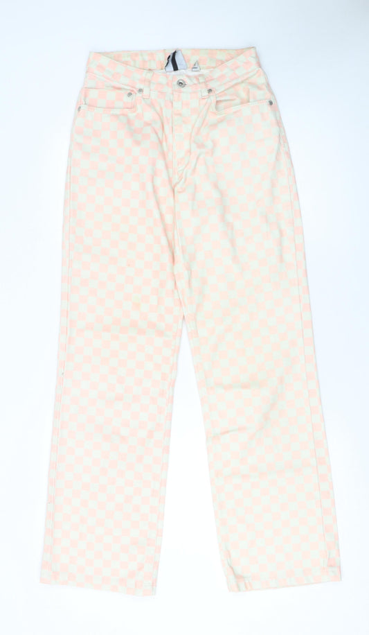 Ragged Jeans Women Pink Check Straight High Waist Cotton Denim 26