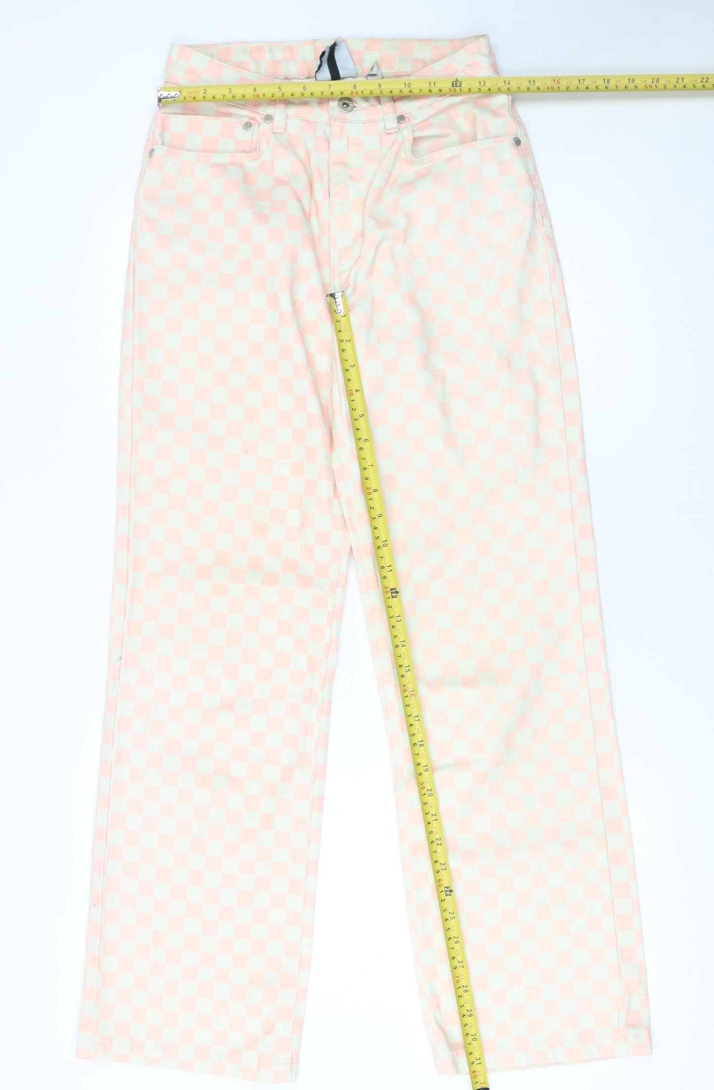 Ragged Jeans Women Pink Check Straight High Waist Cotton Denim 26