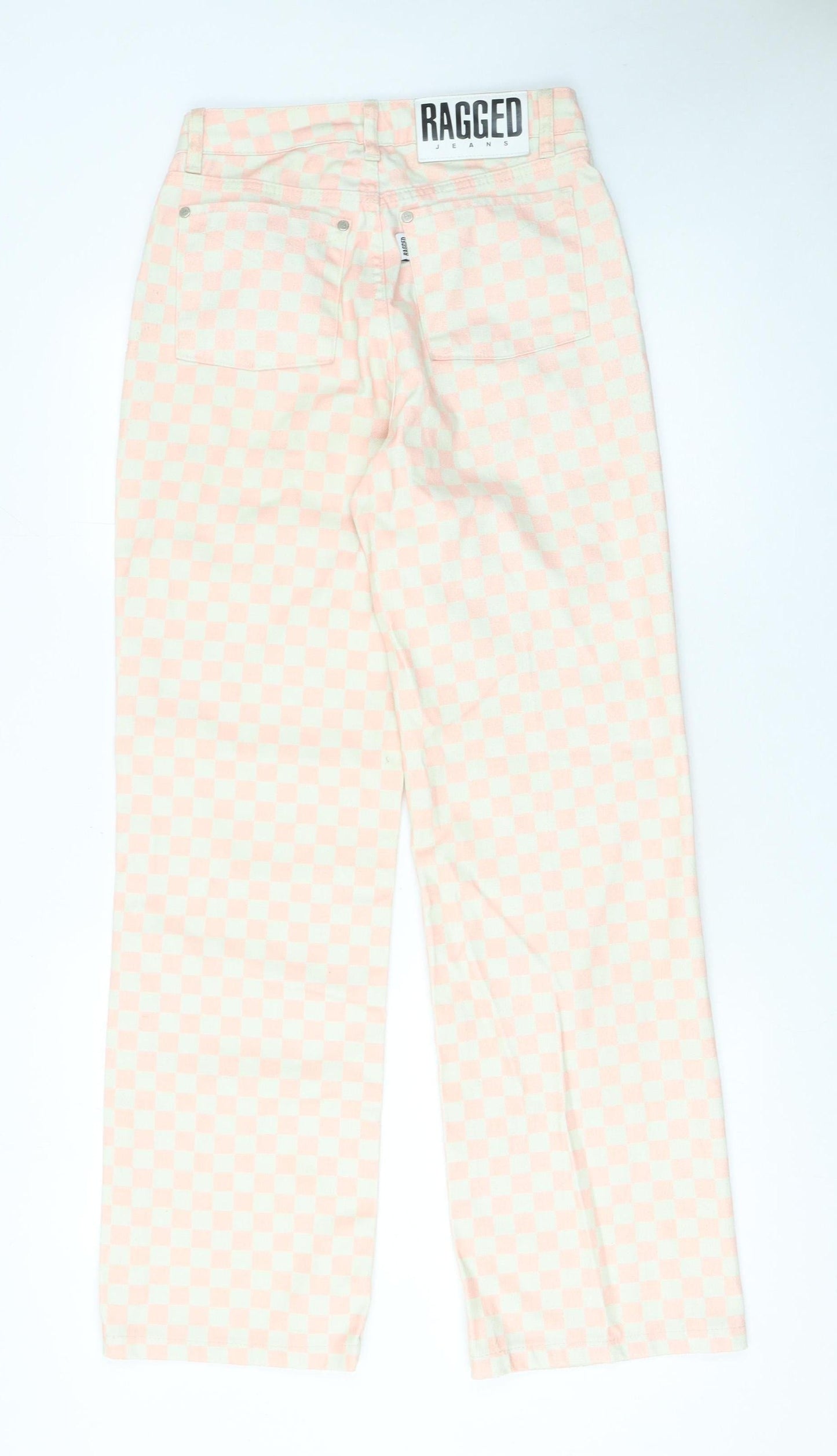 Ragged Jeans Women Pink Check Straight High Waist Cotton Denim 26