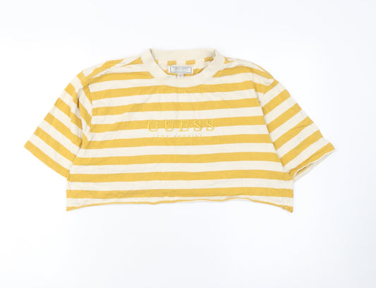 Guess Womens Yellow Striped Cropped T-Shirt Size S