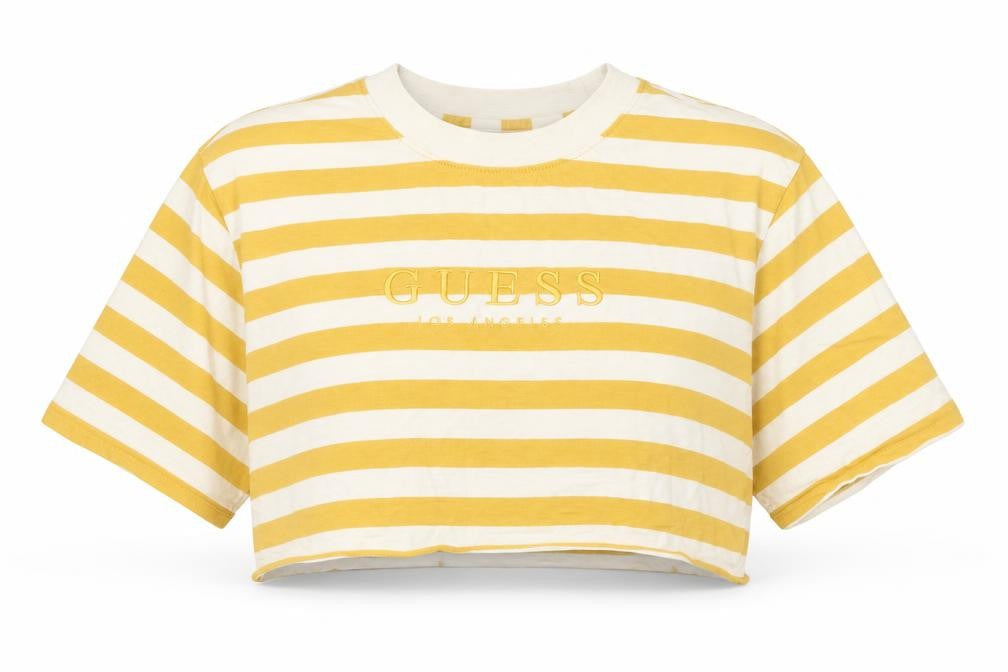 Guess Womens Yellow Striped Cropped T-Shirt Size S