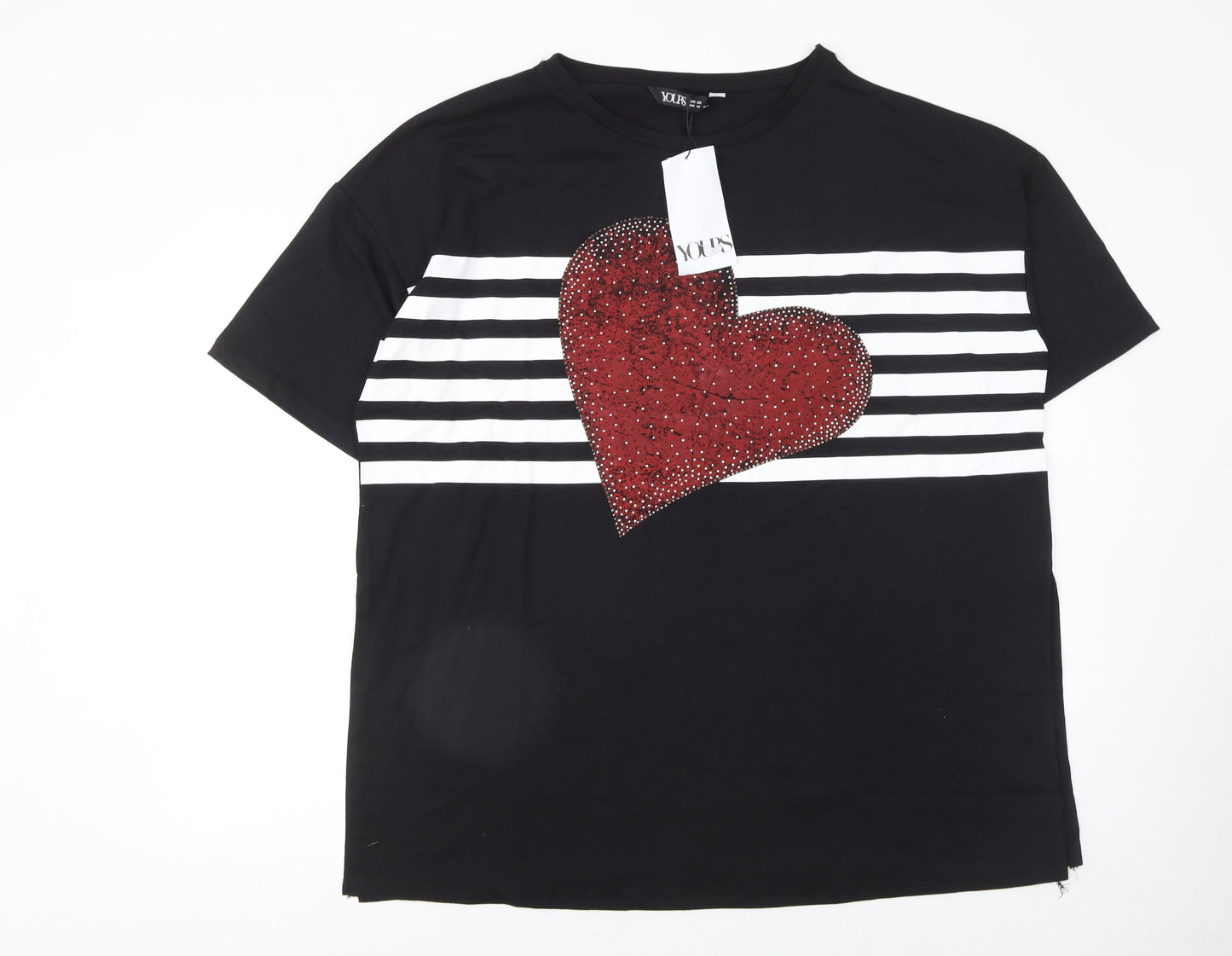 Yours Womens Black Heart Rhinestone Stripe T-Shirt Size 20