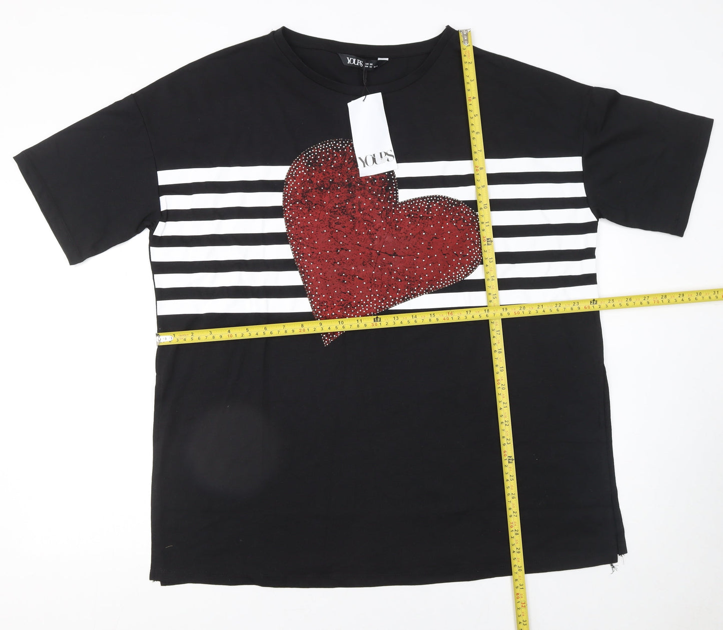 Yours Womens Black Heart Rhinestone Stripe T-Shirt Size 20