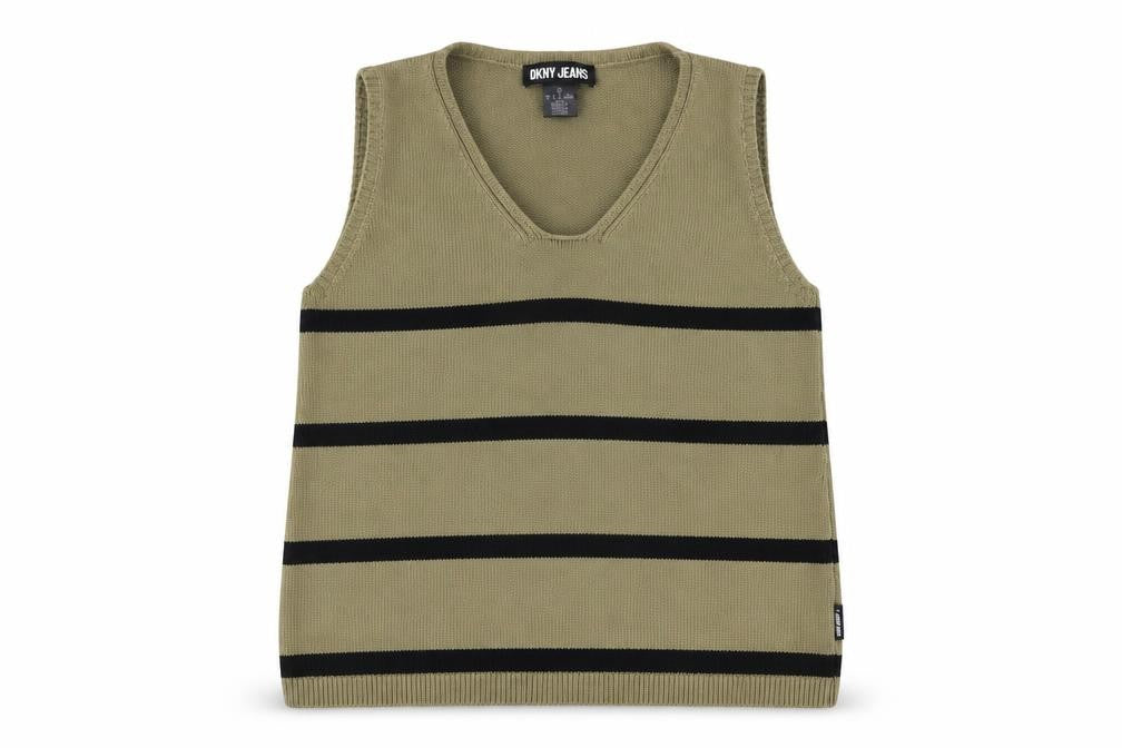DKNY Jeans Womens Green Striped Cotton V-Neck Sleeveless Vest Size 14