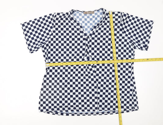 Mer & Sud Women's Blue Polka Dot V-Neck Short Sleeve Blouse Size 14