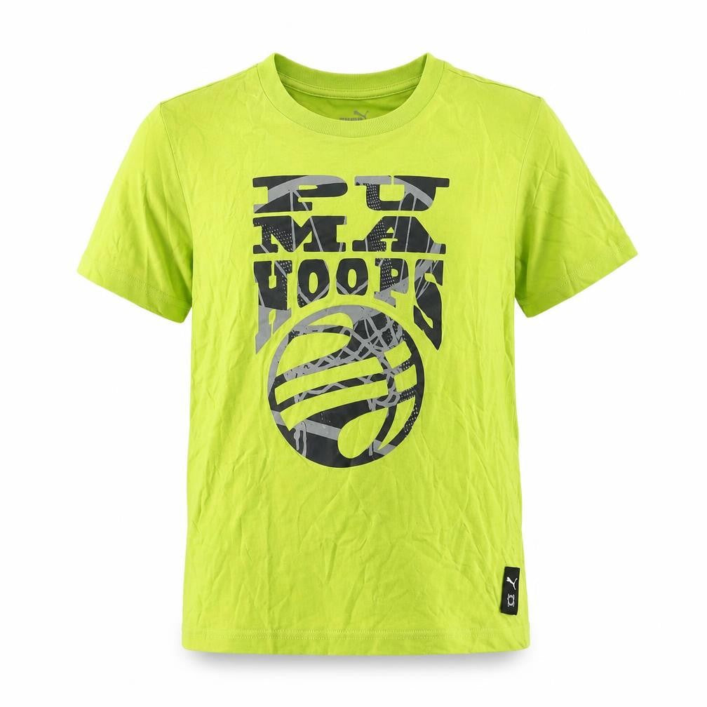 Front view of Puma boys’ yellow graphic basketball t-shirt 11-12 years short sleeve cotton