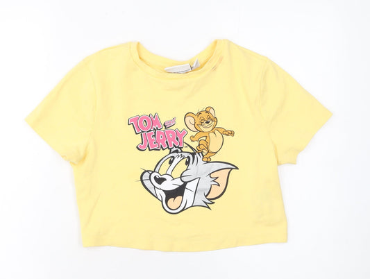 Tom and Jerry Women's Yellow Cropped T-Shirt M Crew Neck Cotton