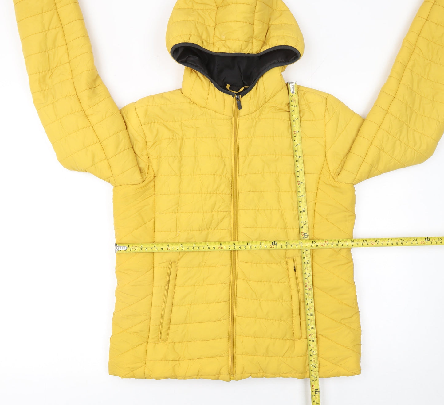 Stradivarius Women’s Yellow Puffer Jacket Size 12 Hooded Quilted Coat