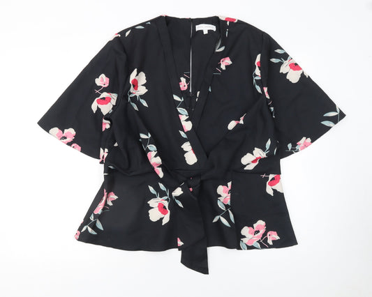 Marc Angelo Women Black Floral Wrap Blouse UK 16 Kimono Sleeve Top
