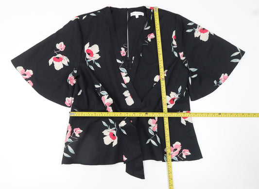 Marc Angelo Women Black Floral Wrap Blouse UK 16 Kimono Sleeve Top
