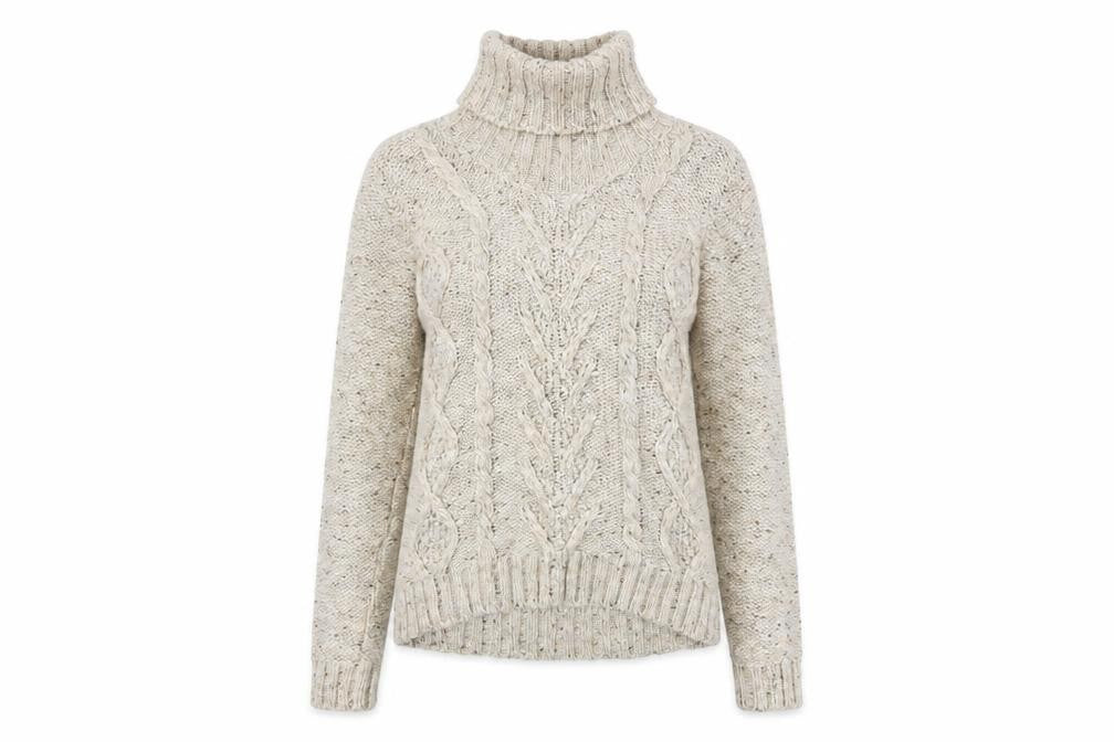 Gallery Women Beige Cable-Knit Roll Neck Jumper Size L Wool Blend