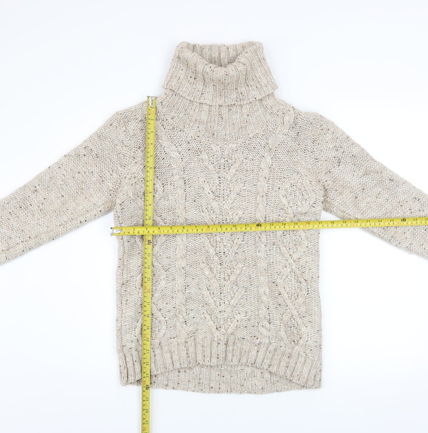 Gallery Women Beige Cable-Knit Roll Neck Jumper Size L Wool Blend