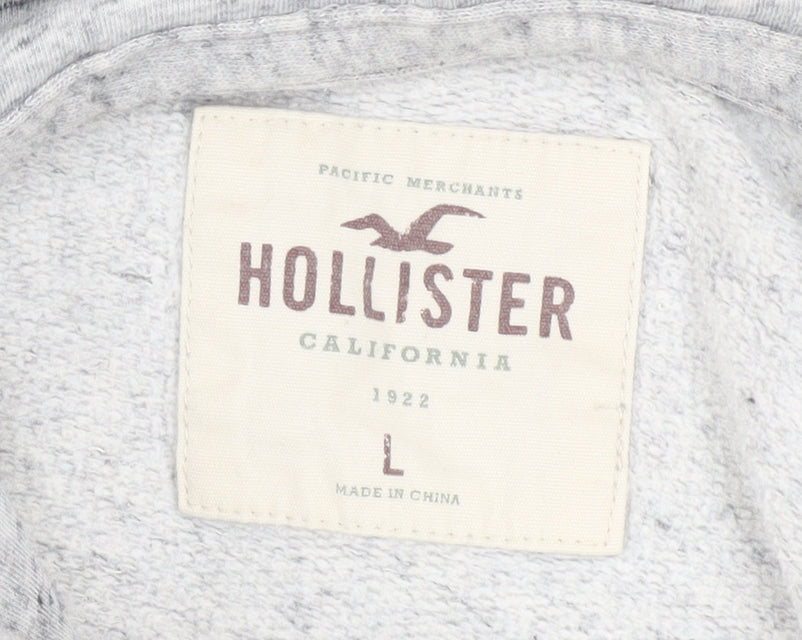 Hollister Men’s Grey Pullover Hoodie L Logo Print Classic Fleece