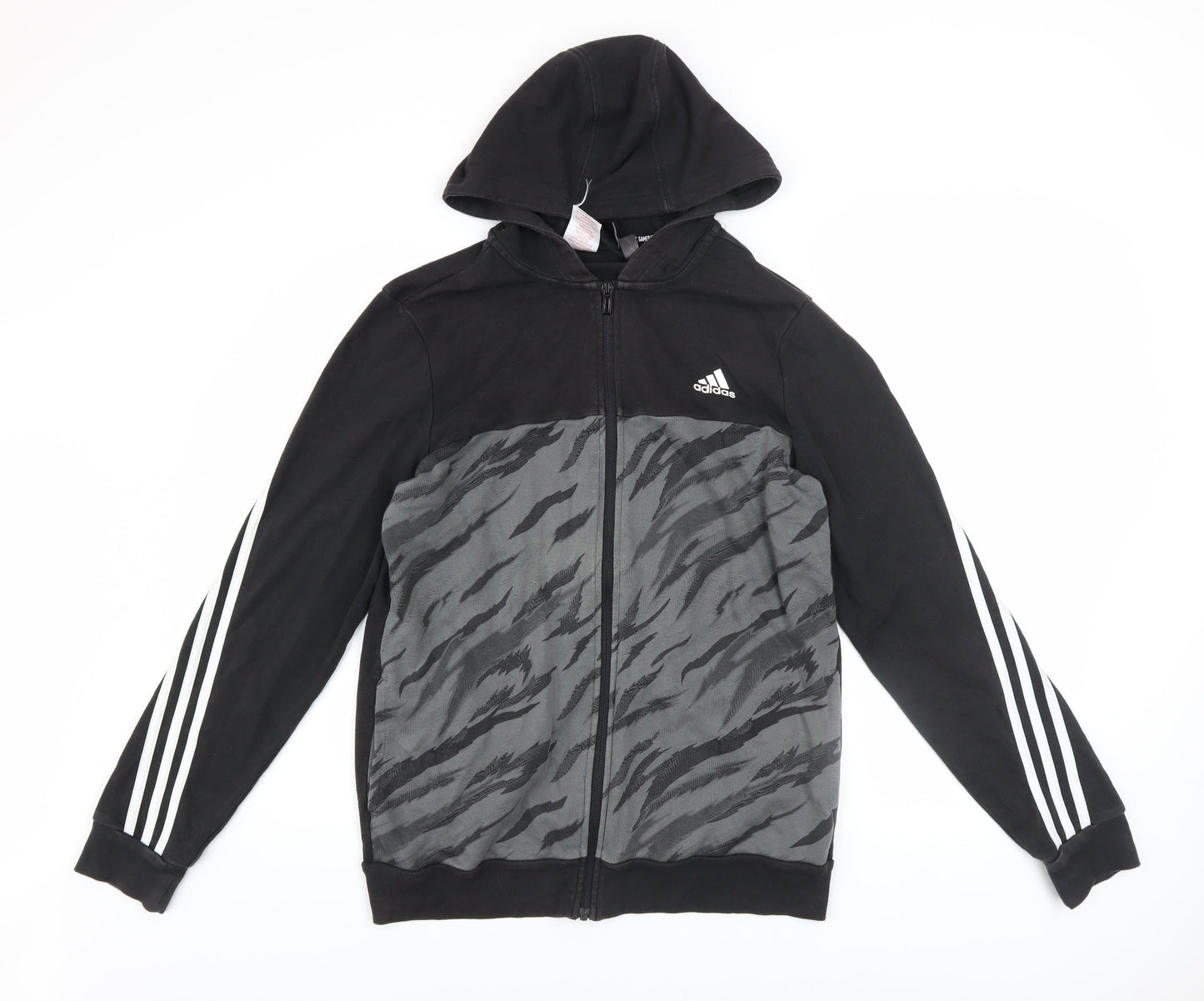 Adidas Boys Black Full Zip Hoodie 15-16 Years Animal Print Sportswear