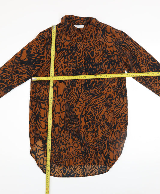 Topshop Women Brown Animal Print High Neck Long Sleeve Tunic Blouse UK 6