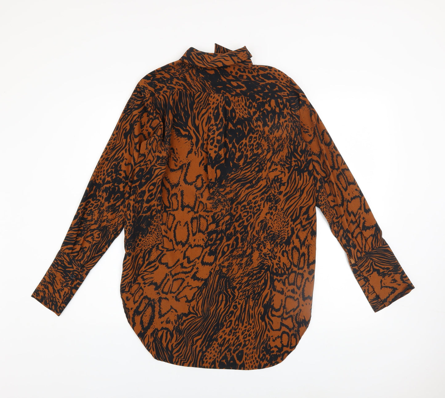 Topshop Women Brown Animal Print High Neck Long Sleeve Tunic Blouse UK 6