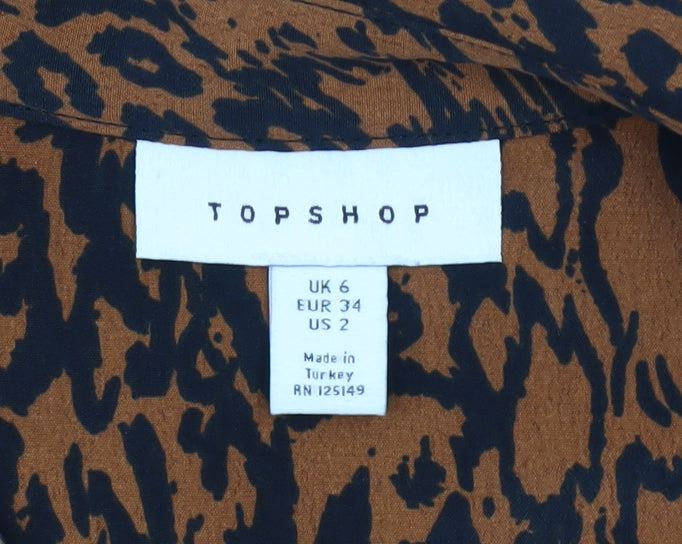 Topshop Women Brown Animal Print High Neck Long Sleeve Tunic Blouse UK 6