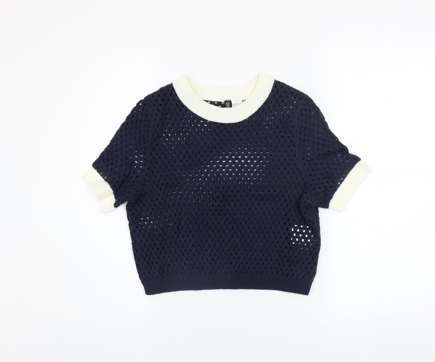 H&M Divided Women's Blue Crochet Knit Cropped Short Sleeve Top Size S
