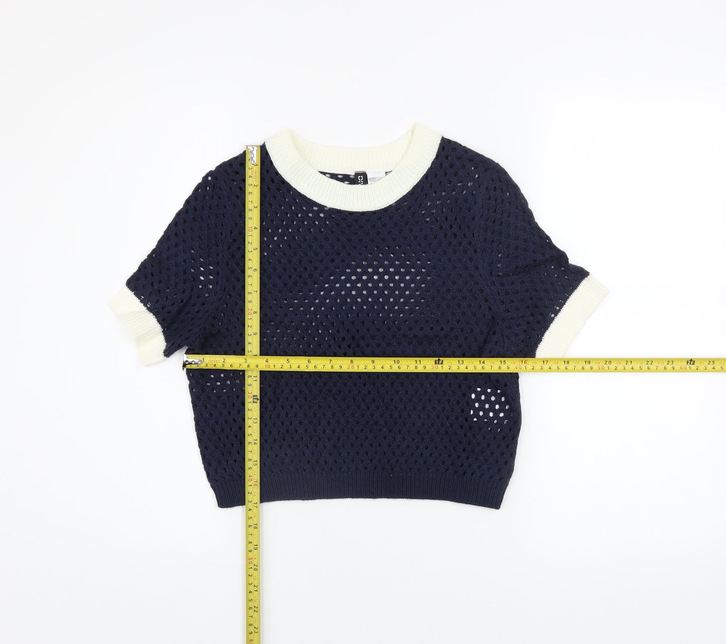 H&M Divided Women's Blue Crochet Knit Cropped Short Sleeve Top Size S