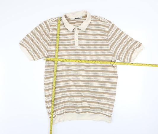 Paul Calvin Men's Beige Striped Polo Shirt XL Short Sleeve Knit