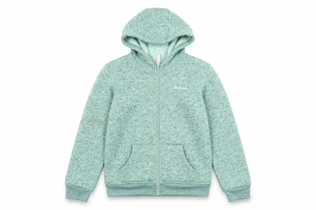 Front view of Mountain Warehouse girls’ green hooded full zip fleece jacket 11-12 years