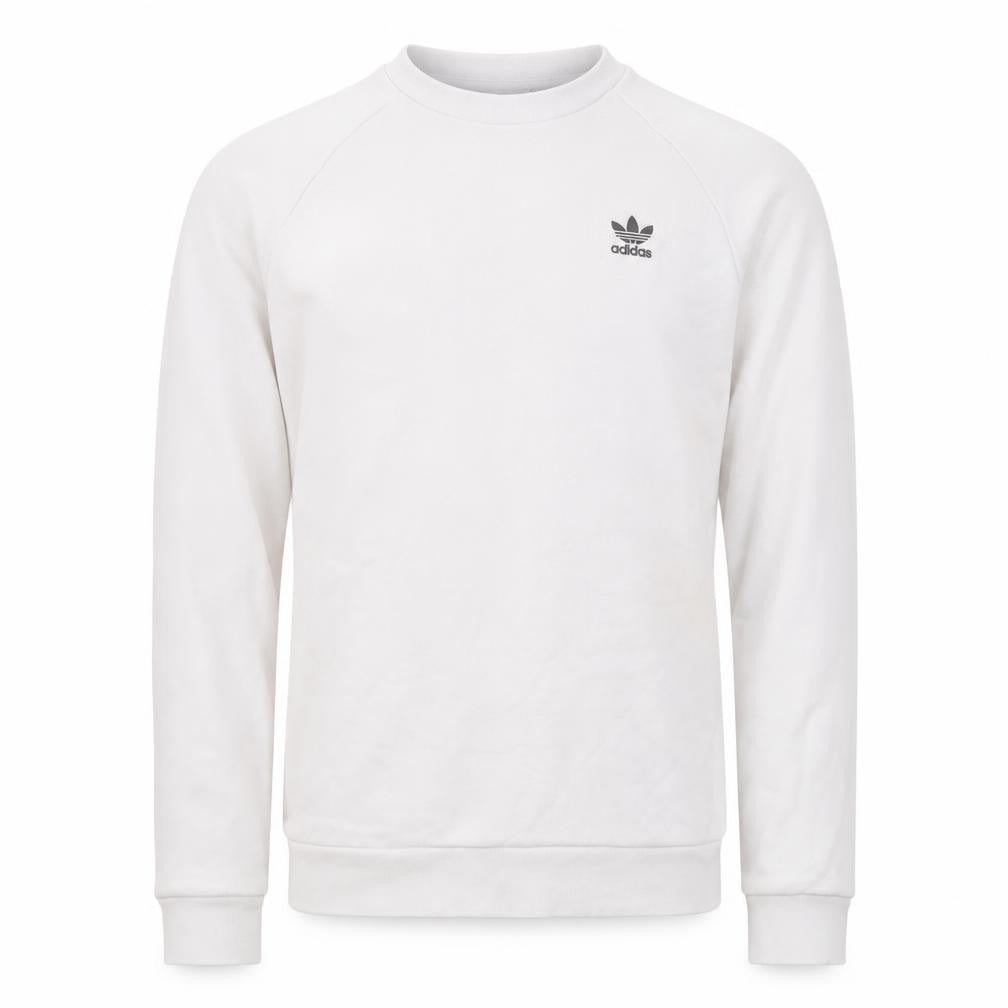 Front view of Adidas Men’s White Crew Neck Long Sleeve Pullover Sweatshirt, size S