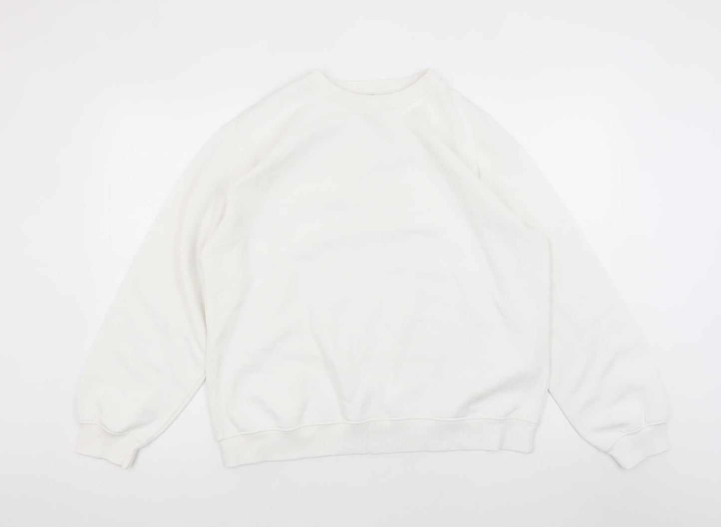 Zara Women White L Sweatshirt Cotton Crew Neck Long Sleeve Casual Top