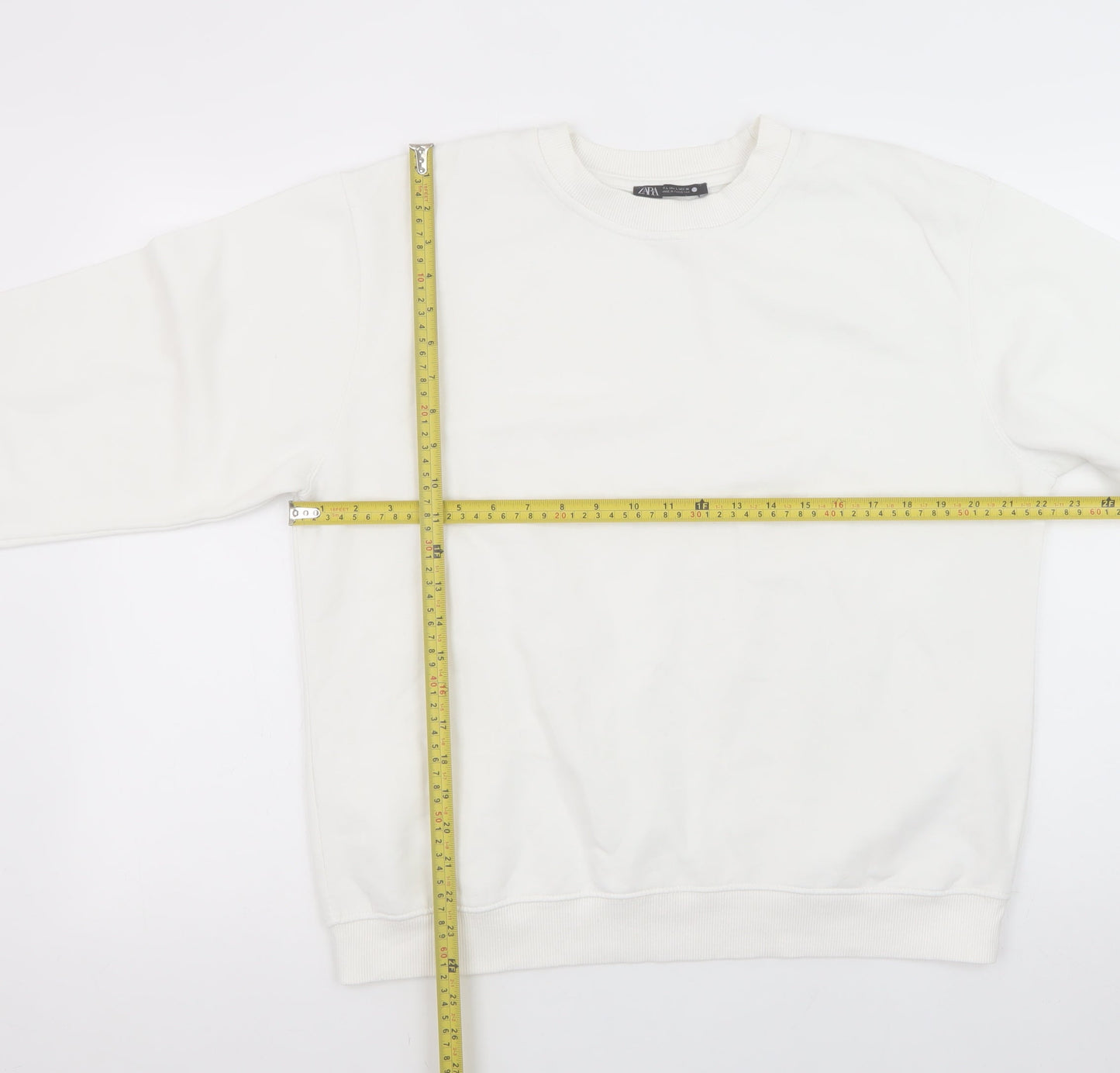 Zara Women White L Sweatshirt Cotton Crew Neck Long Sleeve Casual Top