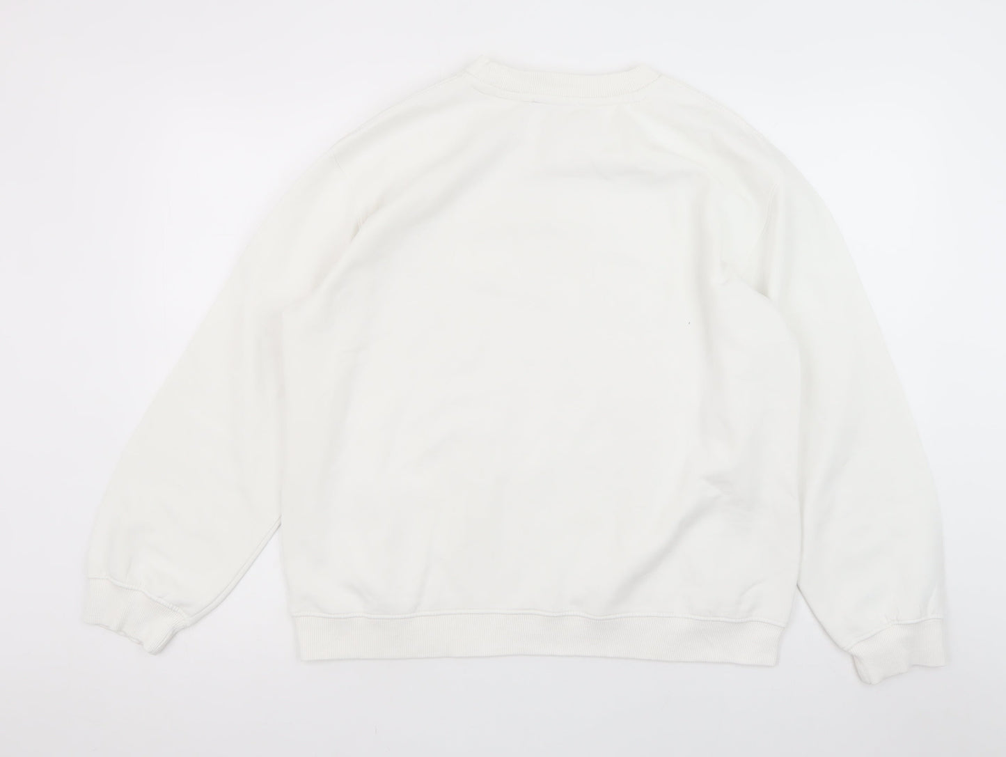 Zara Women White L Sweatshirt Cotton Crew Neck Long Sleeve Casual Top