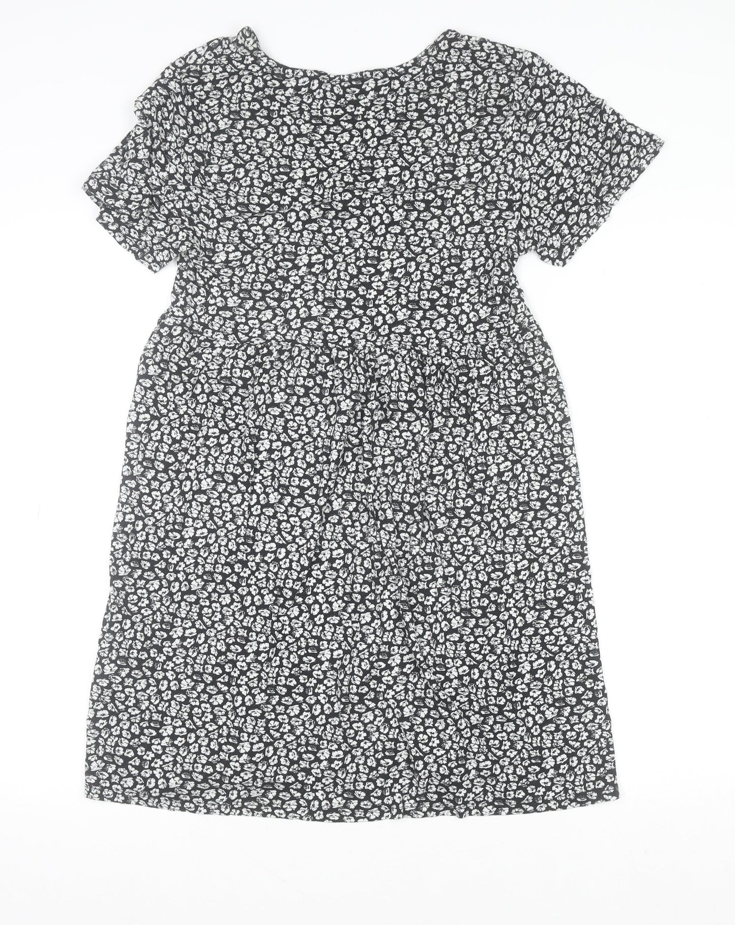 Pull&Bear Womens Black Floral V-Neck Fit & Flare Short Sleeve Dress Size 12