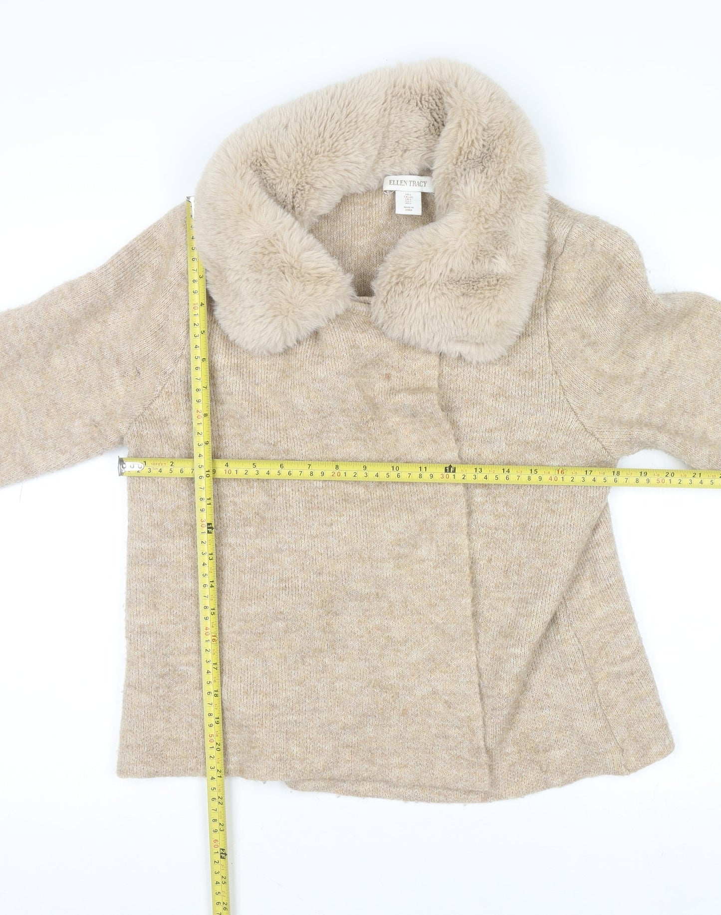 Ellen Tracy Women’s Beige Faux Fur Collar Cardigan L Wool Blend Knit