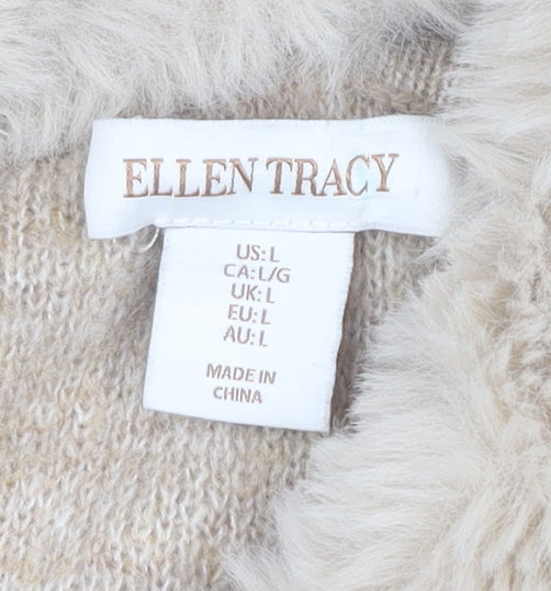 Ellen Tracy Women’s Beige Faux Fur Collar Cardigan L Wool Blend Knit