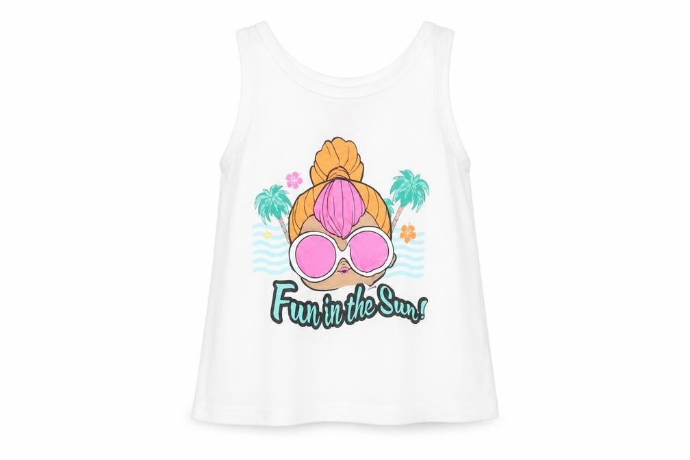 Front view of Primark girls’ white fun in the sun tank top 3-4 years summer jersey