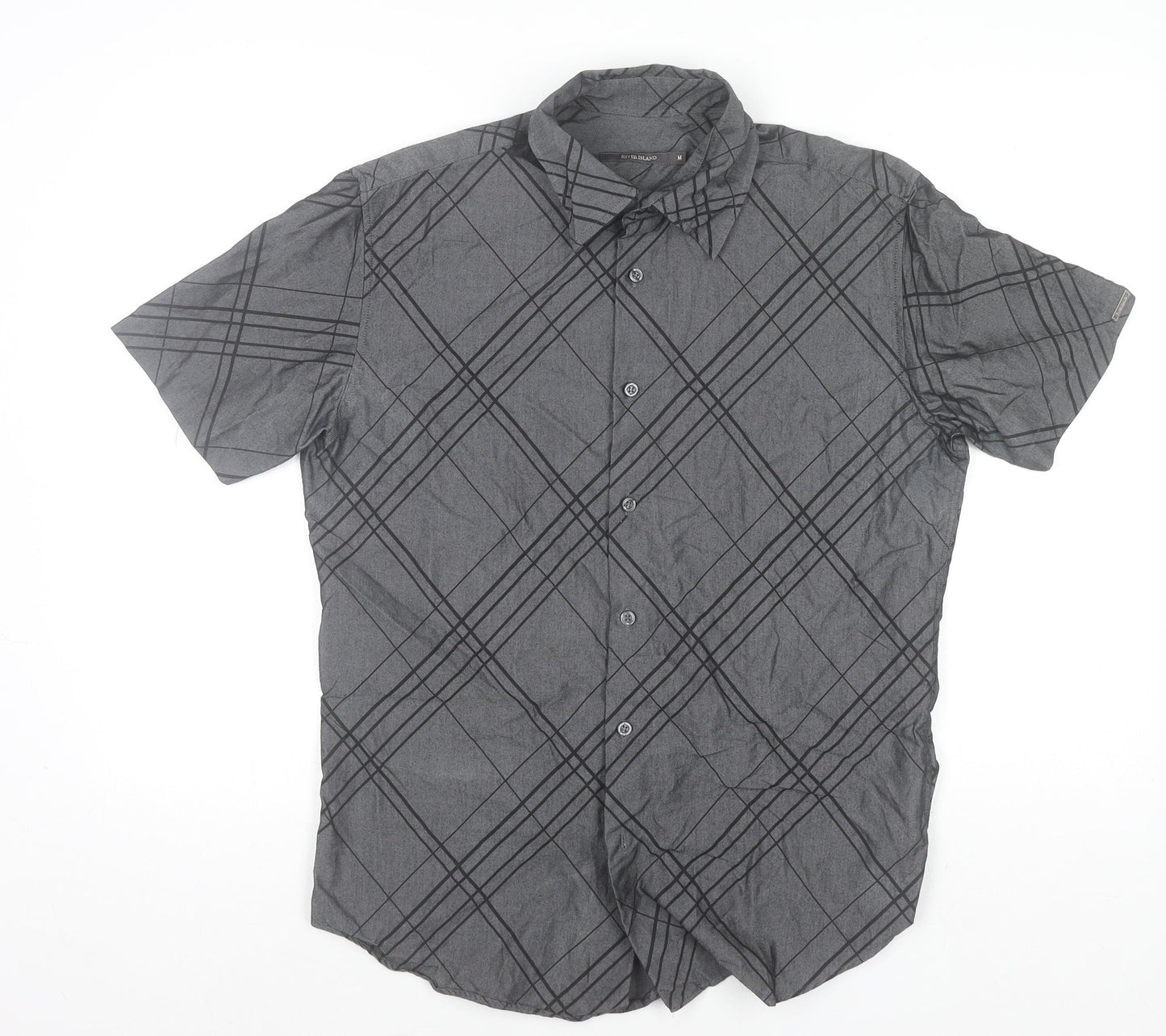 River Island Men’s Grey Check Short Sleeve Button-Up Shirt Size M