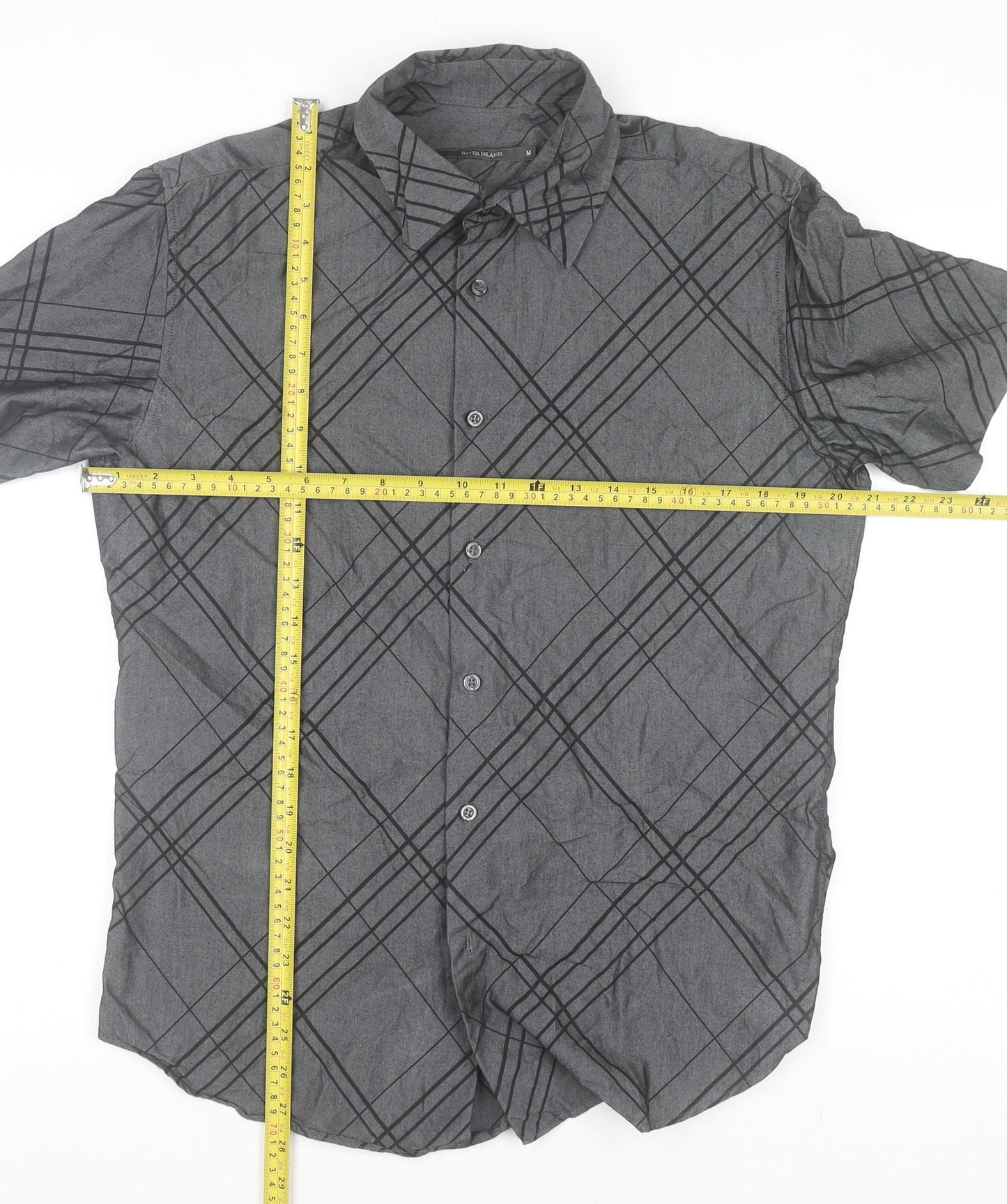 River Island Men’s Grey Check Short Sleeve Button-Up Shirt Size M
