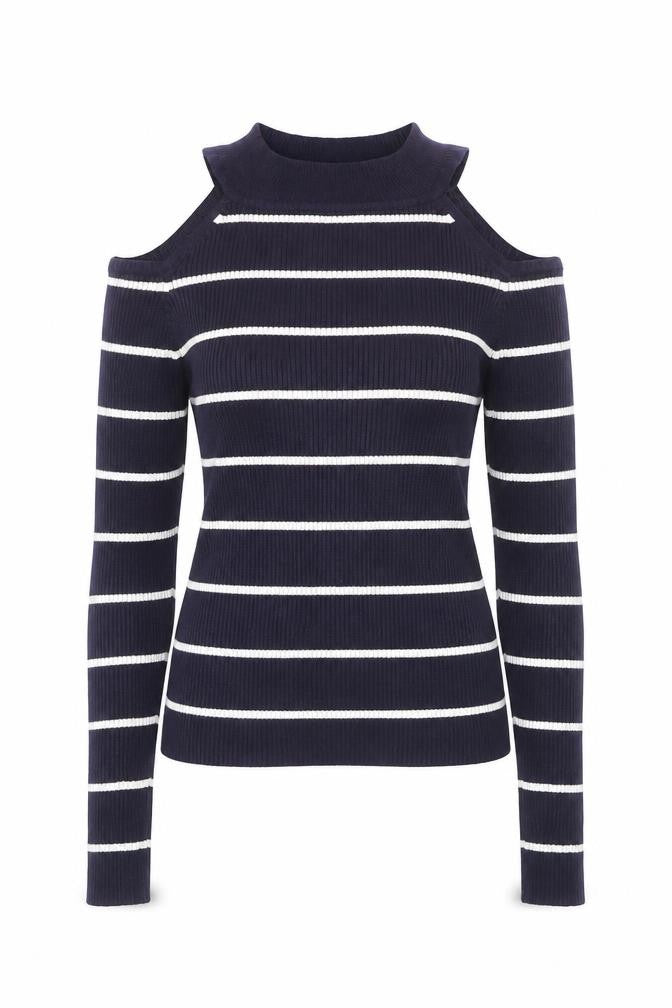 New Look Women's Blue Striped Cold Shoulder Knit Jumper Size 8
